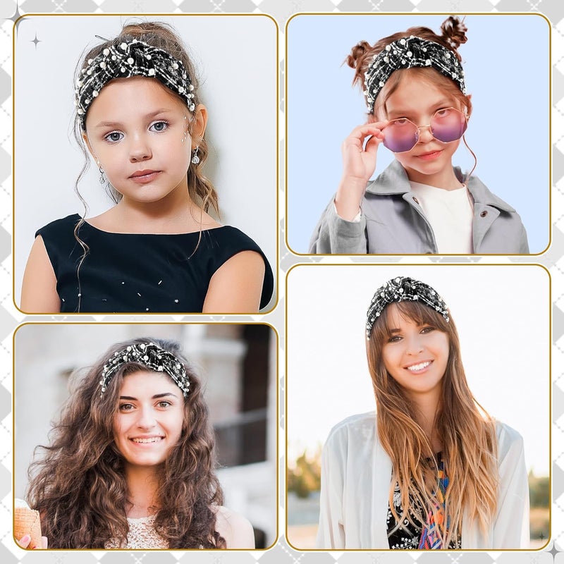 PANTIDE Pearl Jeweled Knotted Headband - Classics Black White Buffalo Lattice Cropped Tweed Pearl Embellished Headband Wide Top Knot Hairband Accessories Birthday Gift for Women Girl (Black Plaid) - Image 5